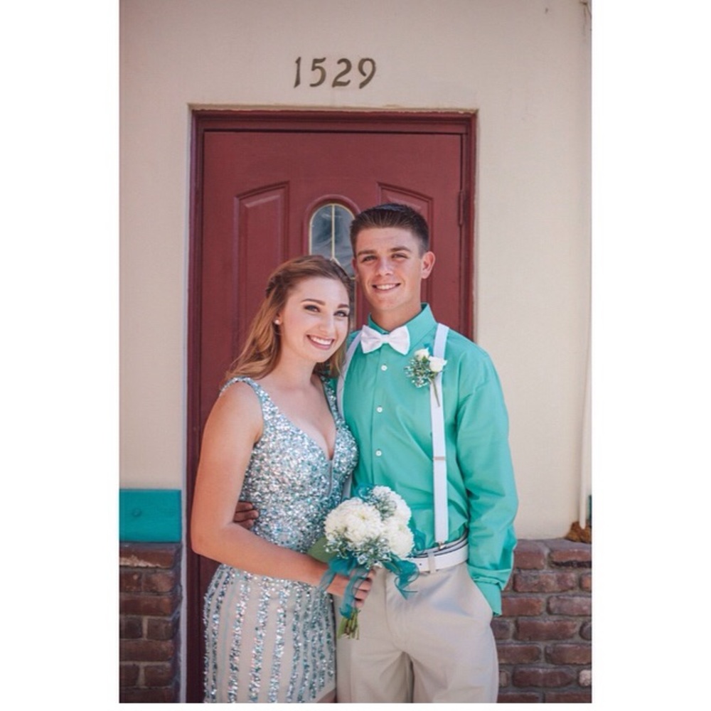 Tiffany blue and silver sequin prom dress